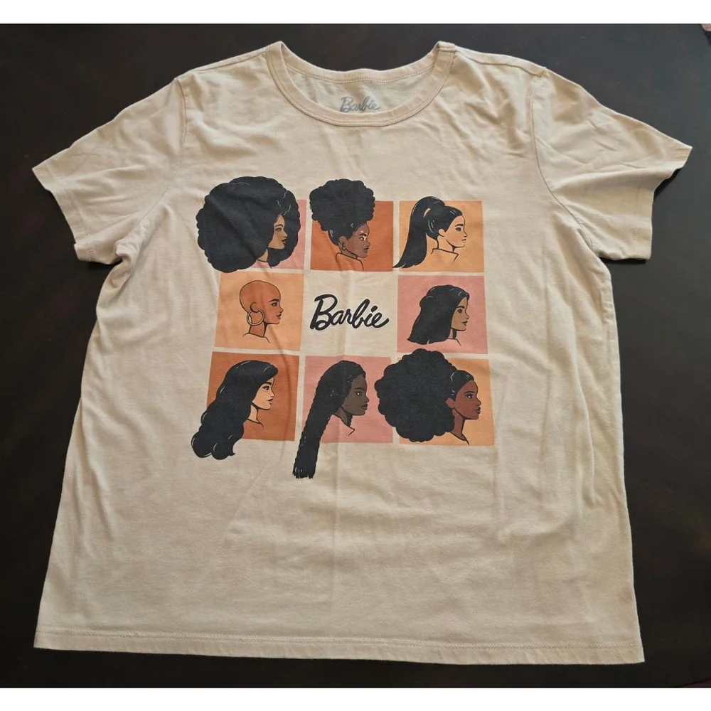 Women's Barbie Soft Beige Short Sleeve Tee Graphic Print Streetwear Casual Large